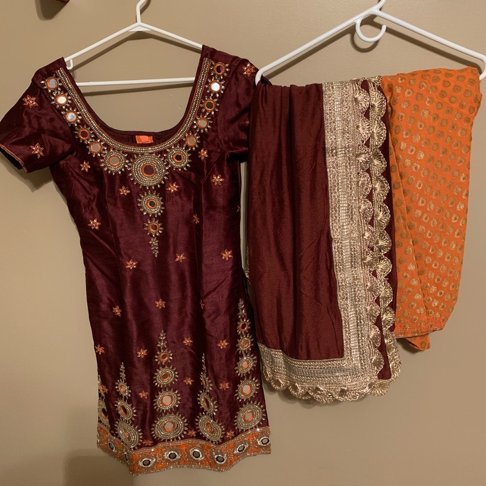 Elegant Maroon & Orange Embroidered Women's Dress Set